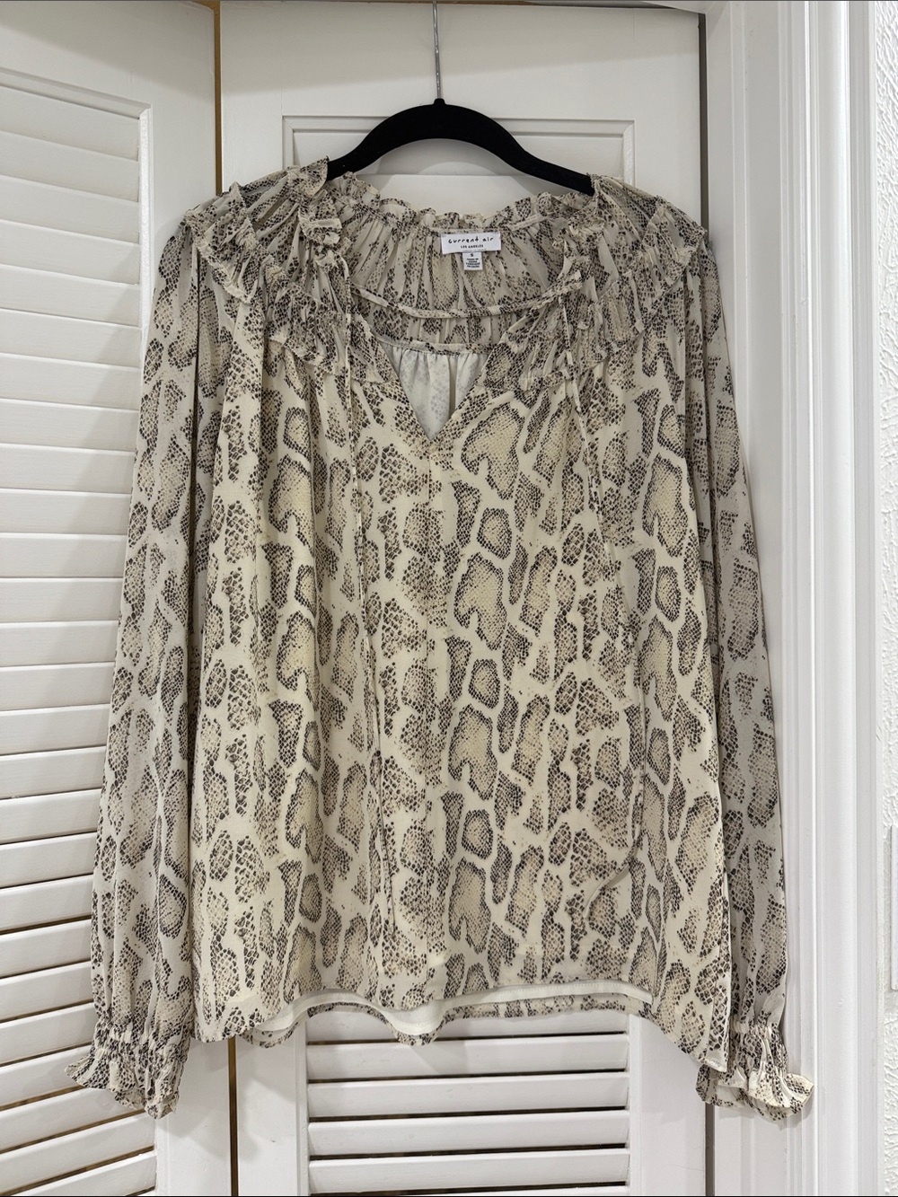 Current Air Cream and Taupe Snake Print Ruffle V-Neck Blouse